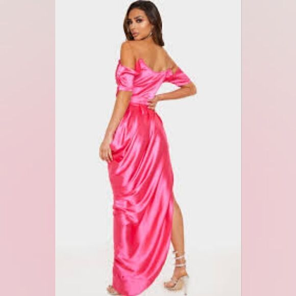 Elegant Pink Off-Shoulder Satin Dress - Picture 2 of 11